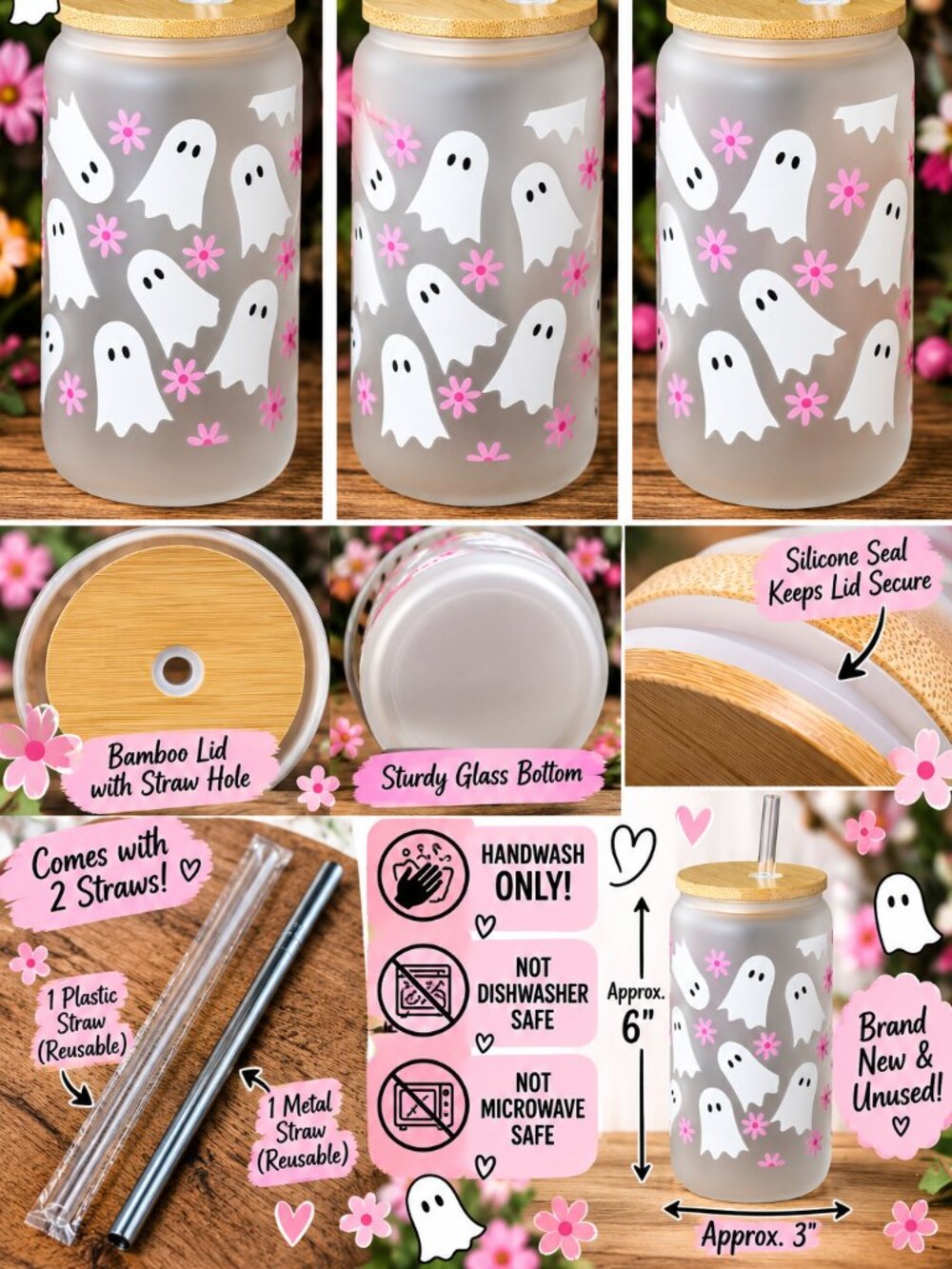 Cute Ghost Pink Flowers 16oz Frosted Glass Tumbler Bamboo Lid 2 Straws
